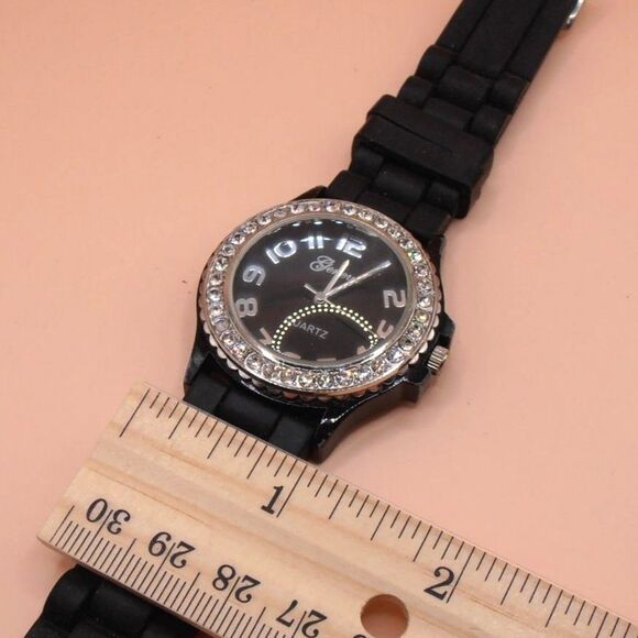 Geneva Analog Wristwatch Silver Tone w/ Rhinestones Black Rubber Buckle Band - Picture 4 of 4